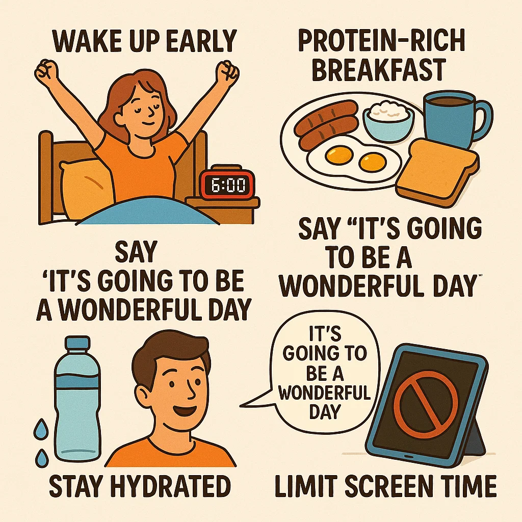   1. WAKE UP EARLY 2.  PROTEIN RICH BREAKFAST 3. SAY IT'S GOING TO BE A WONDERFUL DAY 4. STAY HYDRATED 5. LIMIT SCREEN TIME 